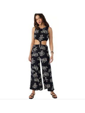 ONeill Jumpsuit Medium Pearl Front Knot Cutout Waist Sleeveless Black White Boho